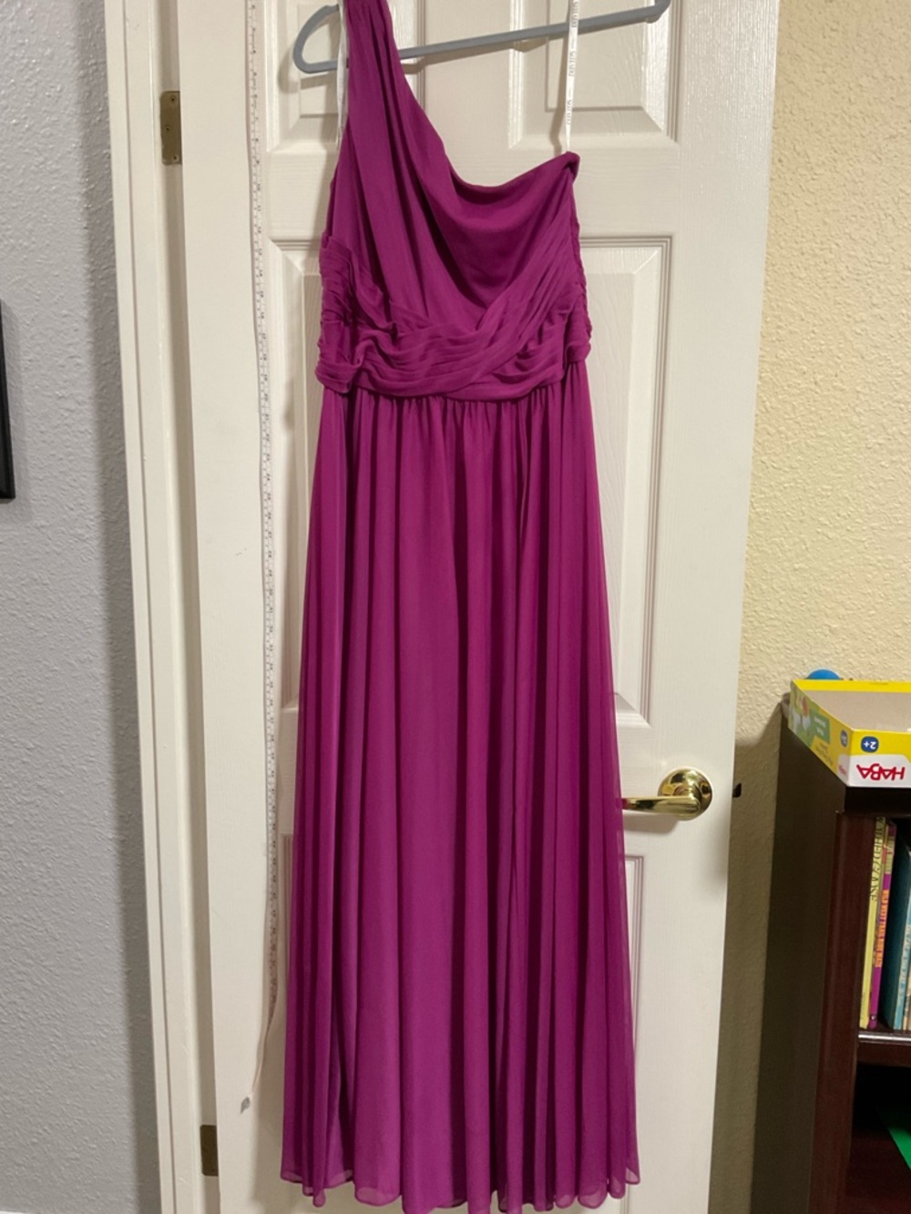 David's Bridal Magenta One-Shoulder Evening Gown